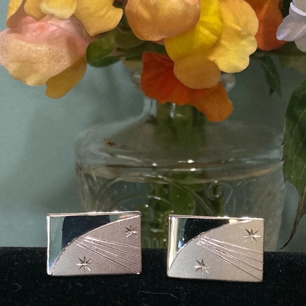 Vintage Sterling Silver brushed/high polish starburst rectangular cuff links